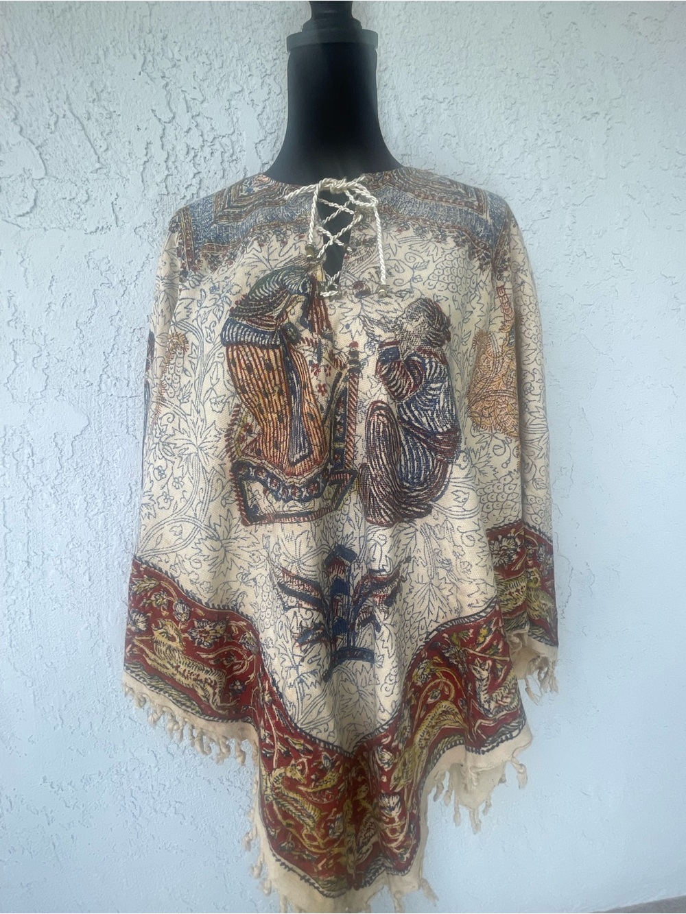 Vintage Bohemian Lace-Up Poncho Tunic in Cream and Rust